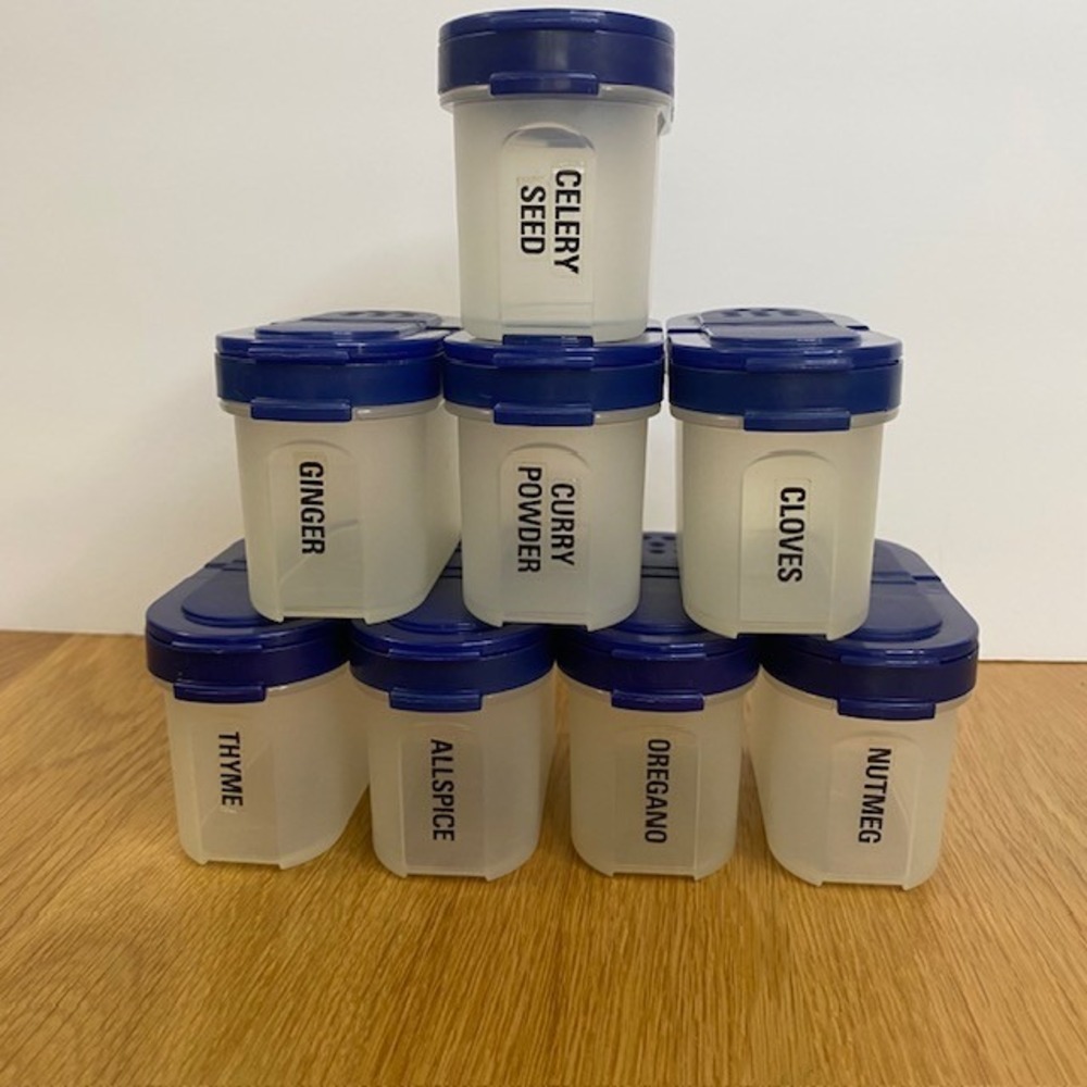 Tupperware Spice Shaker Set 8pc‎ Small Blue Good Modular Mates 1843-28 Labels